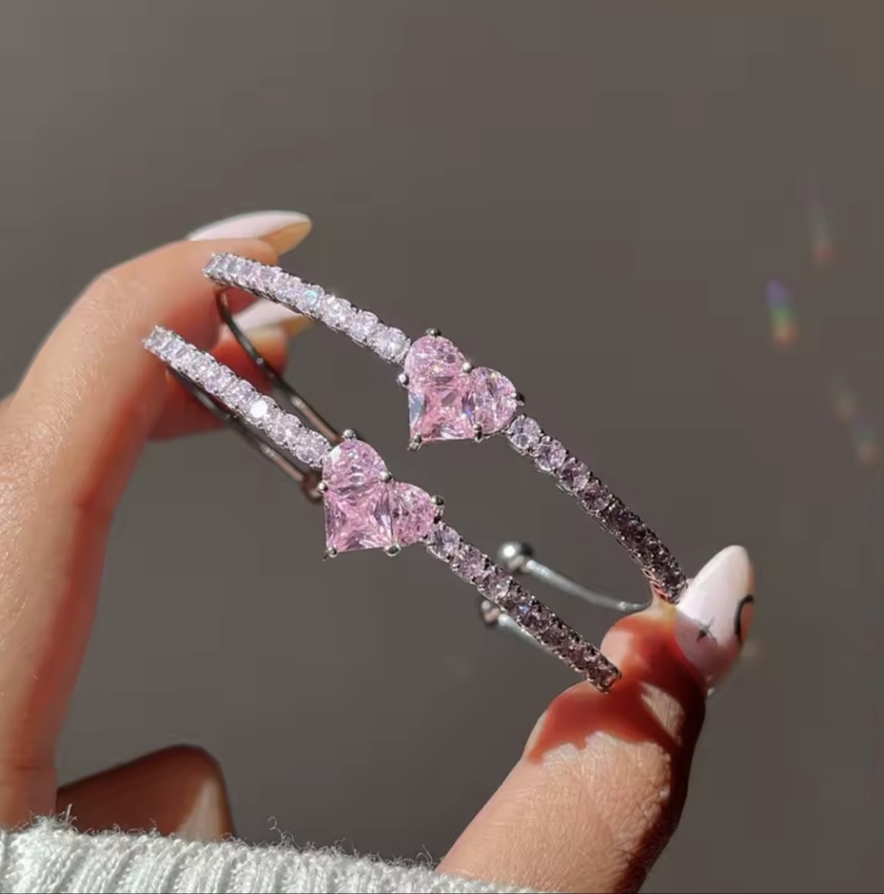 Silver Rhinestone Pink Heart Bangle Bracelet